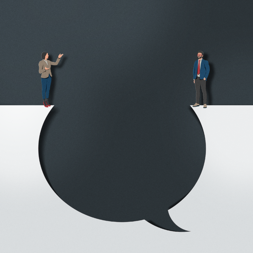 A man and woman in business entire look at each other across a speech bubble that puts a valley between them, representing the need to speak both the language of the private sector and the public sector