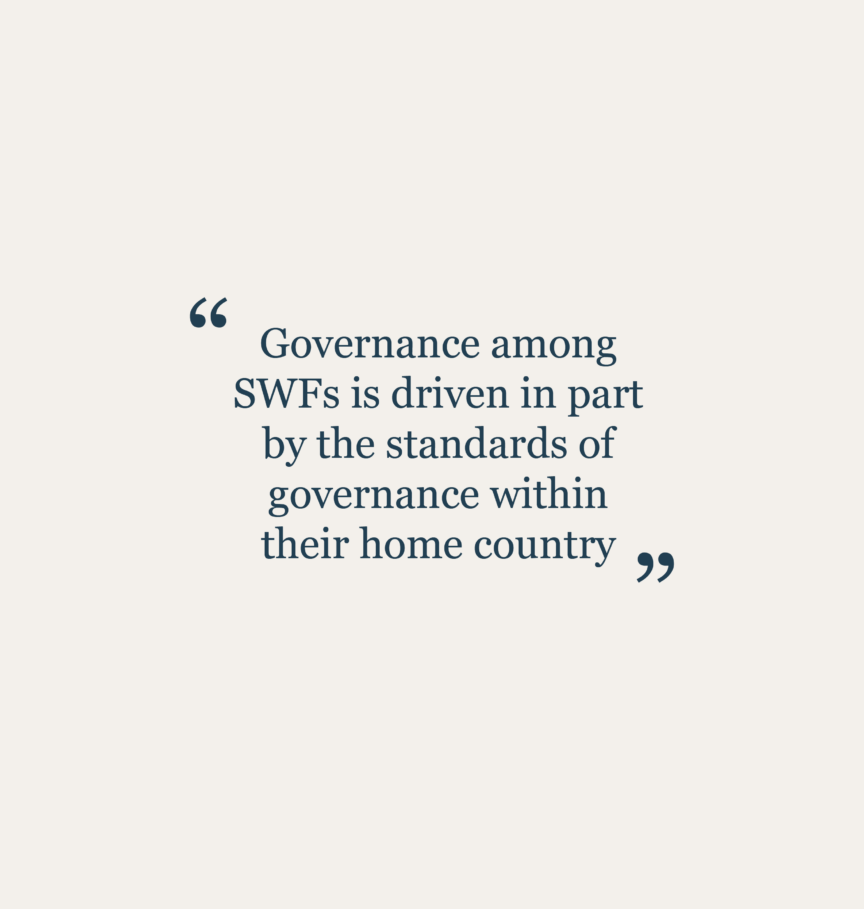 Highlight text from the article: "Governance among SWFs is driven in part by the standards of governance within their home country."