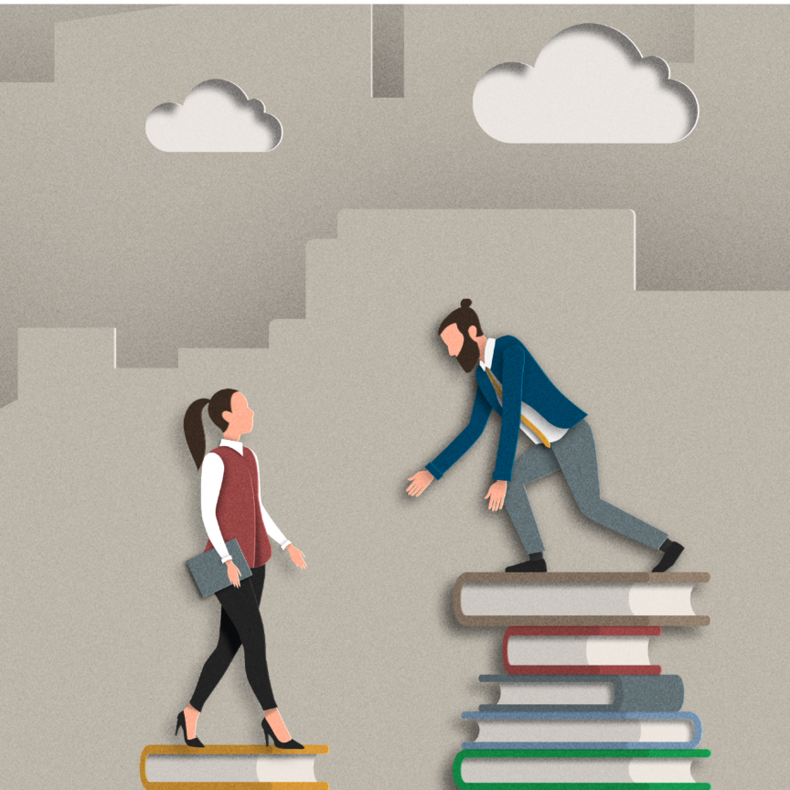 One worker reaches down to another to help her ascend a platform of books - symbolising the need for knowledge sharing and collaboration on the pathway to learning