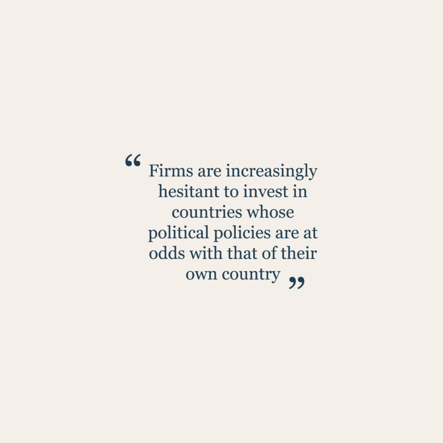 Textt highlight: "Firms are increasingly hesitant to invest in countries whose political policies are at odds with that of their own country"