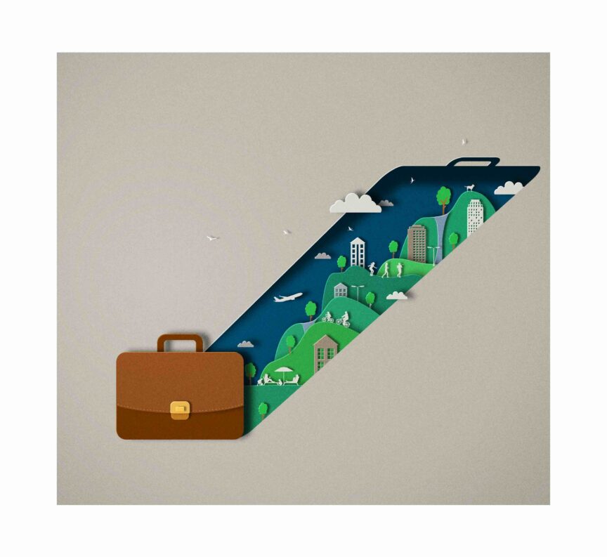 Illustration of a brief case with its shadow filled with the image of a green city
