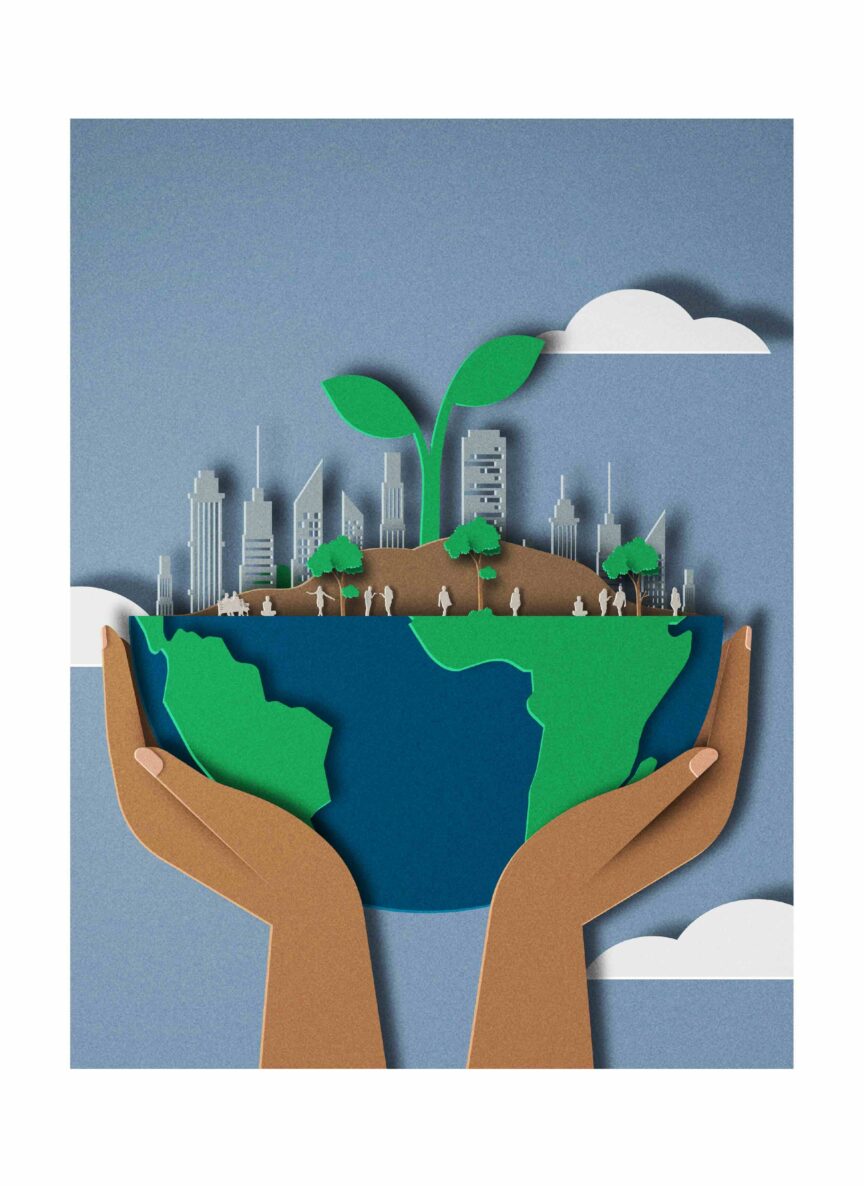 Illustration of hands holding up the earth with cities and industries shown on top