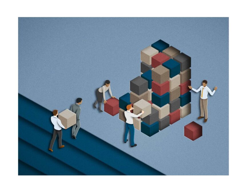 Illustration: A team build a structure from life size blocks