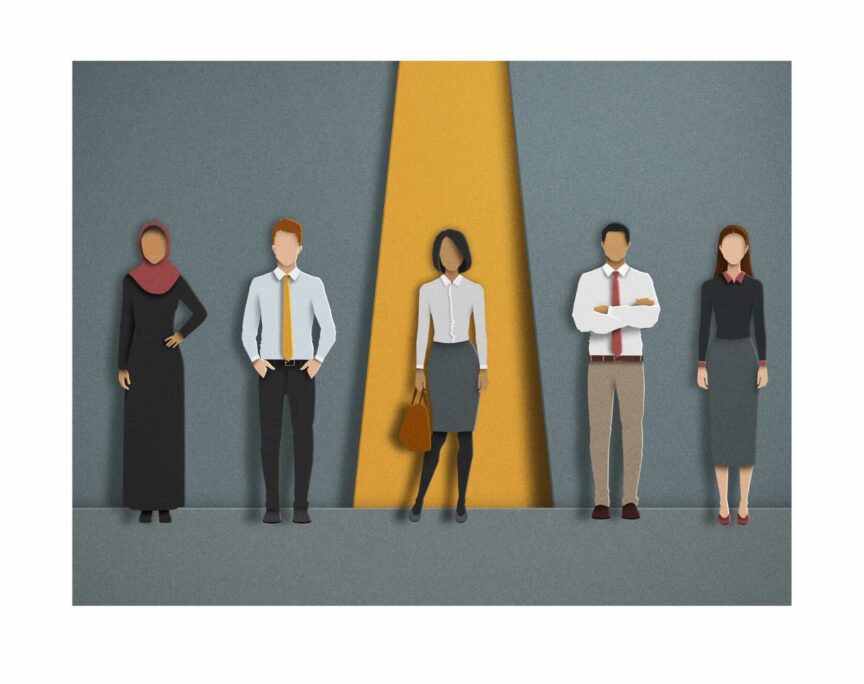 Illustration: A spotlight shines a light on a young woman who stands amongst a group of 5 young executives