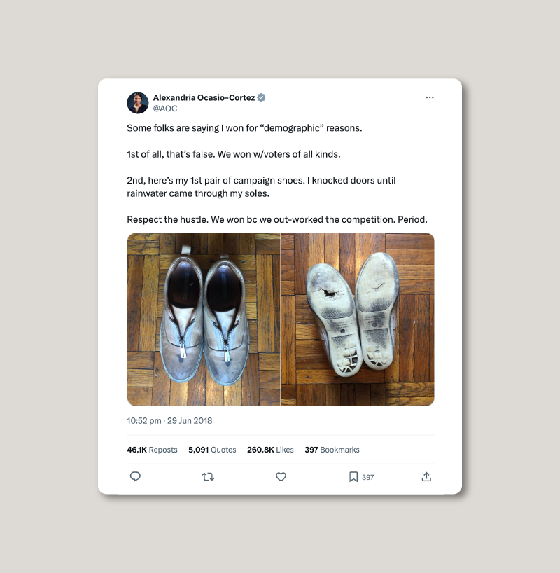 A screen shot of one of AOCs popular tweets encapsulating her commitment to direct and open dialogue with her constituents - a pair of shoes with sole worn down through door to door campaigning.