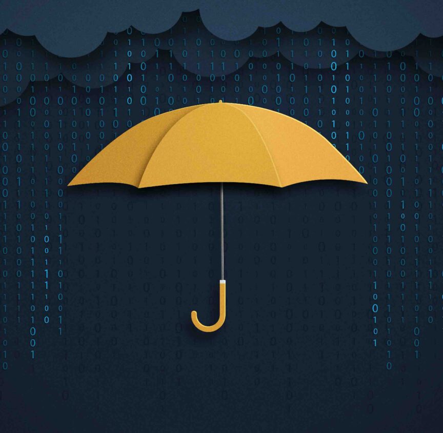 An illustration of an umbrella with binary code raining down, signifying a large amount of data analysis