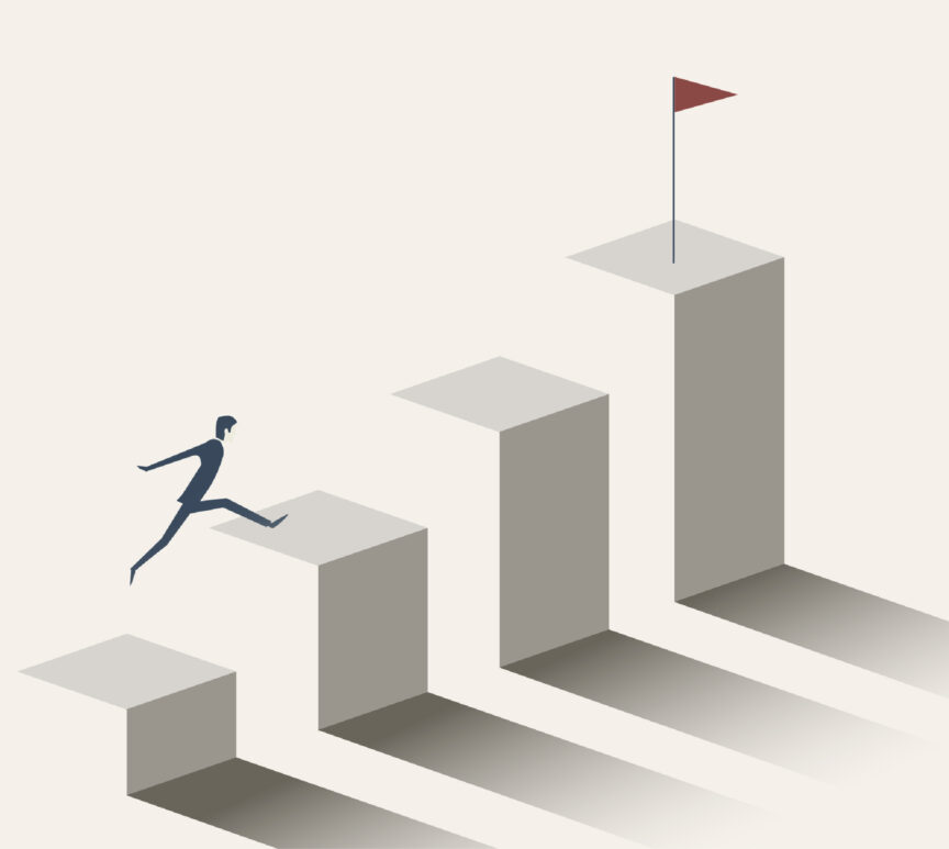 Illustration: A man jumps from the top of one bar graph column to another, with the highest column marked by a red flag, representing a climb to growth.